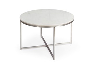 Stort bord, hvit marmor og børstet stål